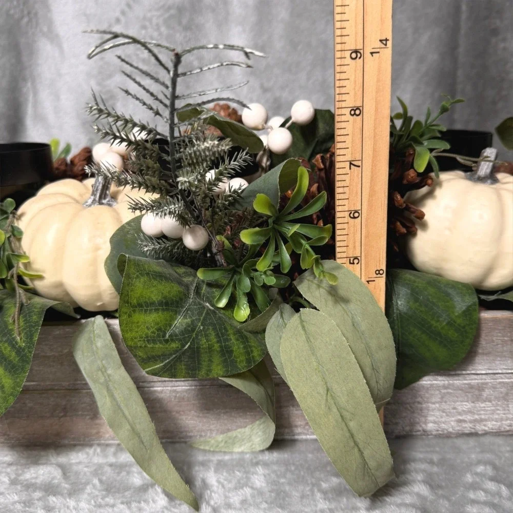 Rustic Farmhouse Woodlook Candle Centerpiece White Pumpkins Pine Cone Fall Decor